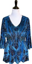 Apt 9 Top Plus Size 1X Blue Printed Velour V Neck 3/4 Sleeve Artsy Tunic Womens - £23.35 GBP