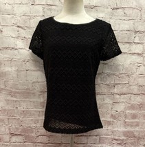 Talbots Top Women 6 Short Sleeve Blouse Crochet Lace Black Faux Leather Trim - £22.98 GBP