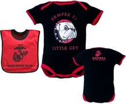 USMC Official &#39;Semper Fi Little Guy&#39; Bulldog Bodysuit &amp; Marine Bib Set - £34.25 GBP