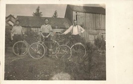 Proud Father &amp; Sons With Bicycles On FARM~1910s Real Photo Postcard - £7.74 GBP