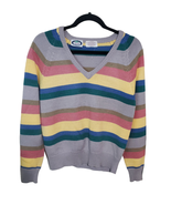 Izod Lacoste Women&#39;s 40 Large Multicolor Stripe V-neck Sweater Vintage - £20.35 GBP