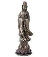 Kuan Yin Goddess of Mercy Compassion Standing on Lotus Bronze Cold Cast ... - $87.11