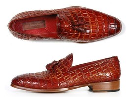 Paul Parkman Mens Shoes Loafer Reddish Camel Crocodile Tassel Handmade 0823-RDSH - £335.84 GBP