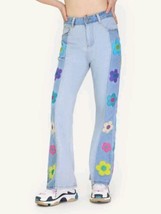 Women&#39;s Chic Floral Embroidered High-Rise Bell Bottom Flare Jeans Blue L... - £27.69 GBP