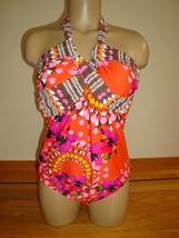 New Leilani Lux Women&#39;s 1 Pc Swimsuit V-Neck Halter Atomic Orange Tropical Sz 10 - £46.65 GBP