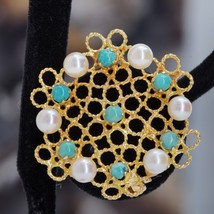 Fine Estate 18K  Yellow Gold, Natural Pearl &amp; Turquoise Cabochon Pin Brooch - £241.69 GBP
