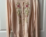 Grandmacore Cardigan Sweater Embroidered Floral Knit Size Small  Peach V... - £19.71 GBP