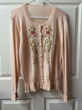 Grandmacore Cardigan Sweater Embroidered Floral Knit Size Small  Peach V... - £19.68 GBP