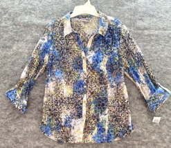 JM Collection Womens Shirt Size 12 Blue V-Neck Roll Tab 3/4 Sleeve Button Sequin - £11.79 GBP