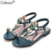 Celesta Summer New Sandals Green Retro Bohemian Rhinestone Beaded Pattern Flat S - £27.24 GBP