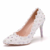 White Lace Flowers Women Wedding Shoes Bride Dress Ladies High Heels Pumps Big S - £65.28 GBP