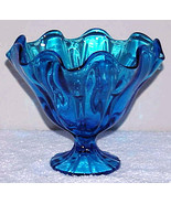 Vintage Blue Glass Pedestal Bowl - Deep Scallop Rim - £15.68 GBP