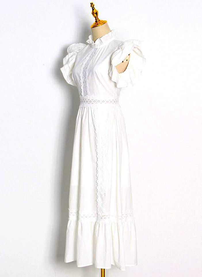 Women's Vintage Ruffled High-neck Crochet Trimmed Maxi Tiered Dress in White AUS Item image 3