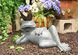 Aluminum Whimsical Lazy Summer Frog Prince With Crown Garden Bird Feeder Statue - £110.28 GBP