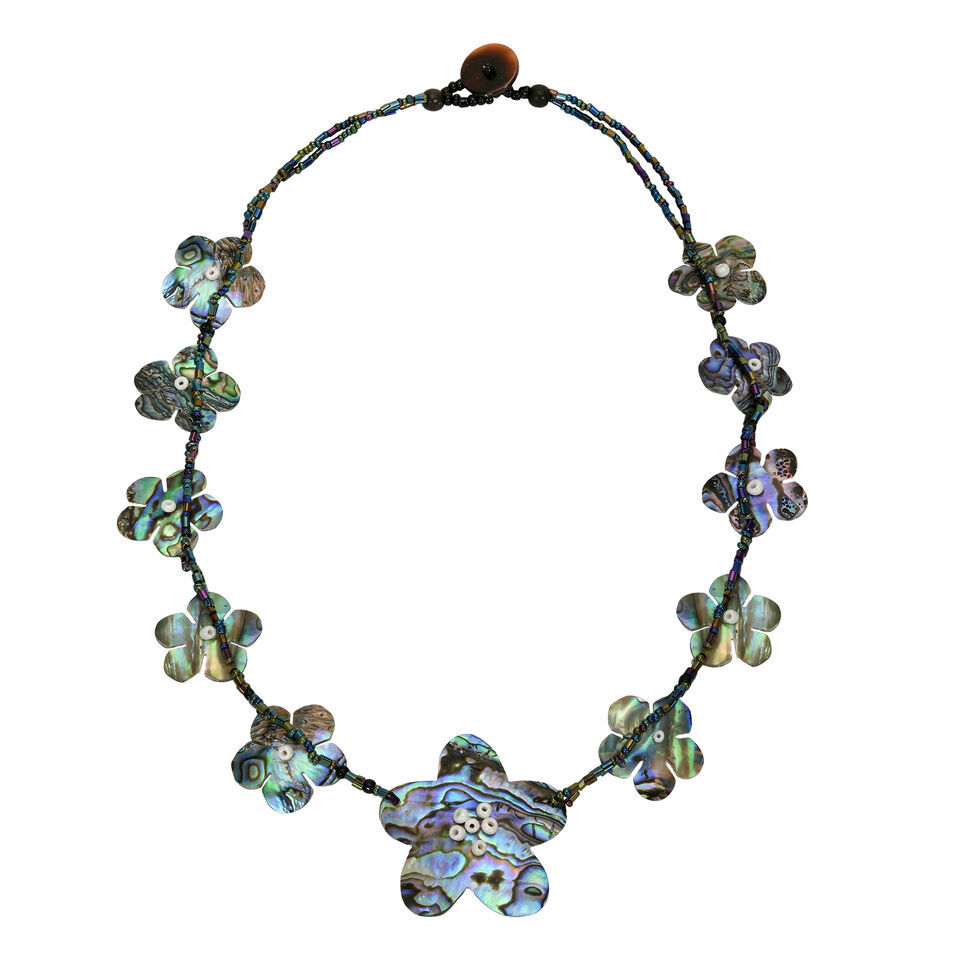 Blooming Rainbow Green Abalone Shell Tropical Flower Lei Beaded Necklace - $23.75