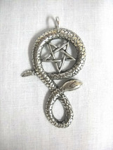 Occult Satanic Pentagram Serpent Twist Snake Pewter Pendant Adj Cord Necklace - $14.99