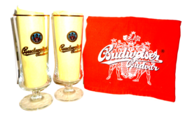 2 Budweiser Budvar Czech Beer Glasses &amp; Budvar Tablecloth &amp; Budvar Brewe... - £39.10 GBP