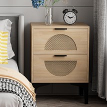 Rattan Nightstand With 2 Drawers, Wooden Boho Side Table With Storage,, ... - $69.92