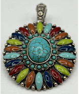 Pendant  Multicolored  Faux Turquoise Magnetic Loop Silver 1.5 ins Circu... - £13.23 GBP