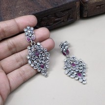 Süß Traditionell Indisch Damen Stil Echt Silber Rosa Weiß Cz Lange Ohrringe - £33.03 GBP