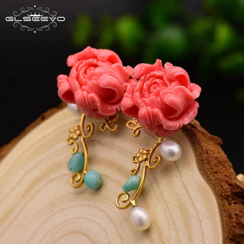 Natural Coral Red Flower  Stud Earrings For Women Party Gift Natural Pearl  Earr - £39.56 GBP
