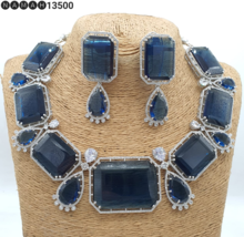 Bollywood Style Indian Silver Plated Choker Necklace CZ Blue Stone Jewelry Set - £187.53 GBP