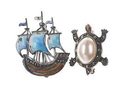 Vintage Germany Sterling enamel Marcasite Ship pin and Thai turtle - £60.89 GBP