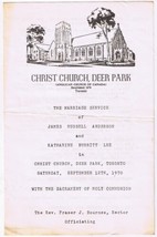 Program Christ Church Deer Park Toronto Marriage Service 1970 - £2.35 GBP