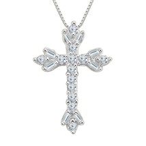 1/10CT Simulated Diamond Floral Cross Pendant Chain 14K White Gold Plated Silver - £66.12 GBP