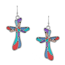 Stained Glass Cross Dangle Drop Earrings White Gold - $14.19