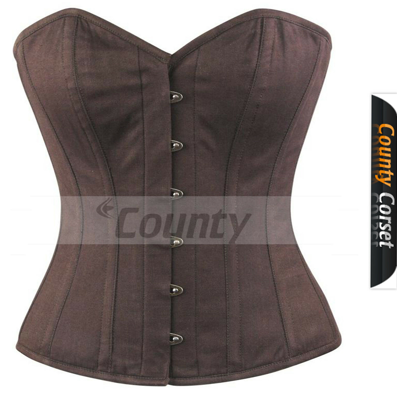 Full Steel Boned Spiral Victorian Over bust Bustier Gothic Brown Cotton Corset