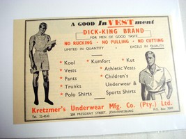 1945 South Africa Ad Kretzmer&#39;s  Men&#39;s Underwear Mfg. Co. - $7.99