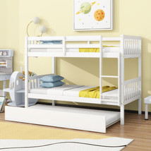 Twin Over Twin Bunk Bed with Trundle, Convertible to 2 Beds, White Wood - £300.29 GBP