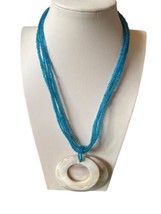 Double 2 Round Shell Pendant On 5 Strand Blue Seed Bead Necklace *READ* - £11.60 GBP