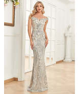 Lucy-in-love Elegant V Neck Silver Sequin Evening Gown Sleeveless Party ... - £94.11 GBP
