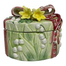 Fitz &amp; Floyd Round Covered Trinket Dish, Green With Red Ornate 3D Bow &amp; Flowers - £10.19 GBP