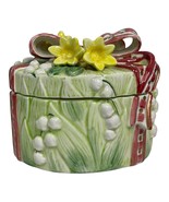 FITZ &amp; FLOYD ROUND COVERED TRINKET DISH, GREEN WITH RED ORNATE 3D BOW &amp; ... - £9.94 GBP