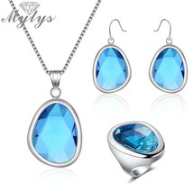 Mytys Clear Ocean Blue Glass Stone Jewelry Sets for Women Fashion Pendant Neckla - £31.06 GBP