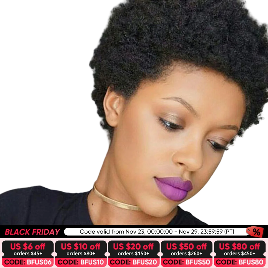 Short Afro Human Hair Wig Without Glue Or Gel Glueless Wig Human Hair Ready To - £27.10 GBP+