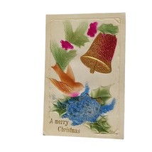 Postcard Merry Christmas Holly Bell Bird Gilded German Embossed Unposted - £16.74 GBP