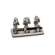 Bey-Berk R21C Antique Silver Plated See, Hear &amp; Speak No Evil Monkey Pen Holder - $84.95