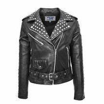 DR256 Women&#39;s Studded Biker Style Leather Jacket Black - £157.59 GBP