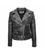 DR256 Women&#39;s Studded Biker Style Leather Jacket Black - £157.59 GBP