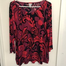 Chicos Top Womens Size 2 Large Travelers Red Drama Print  V Neck Stretch Comfort - $24.96