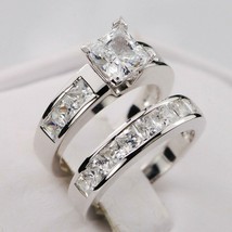 3CT Princesse Simulé Anneau Fiançailles Diamant Mariage Ensemble 14k W Plaqué Or - £102.38 GBP