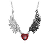 Angel Wing Necklace &amp; Heart Garnet Inlaid Devil Wing Inspired Engagement Pendent - £147.87 GBP