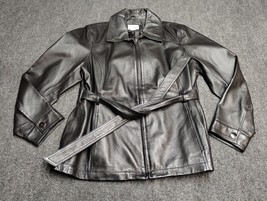 East 5th Leather Belted Jacket Women Petite Medium Black Lined - $69.74