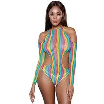 Rainbow Striped Teddy Cold Shoulder Long Sleeves Cut Out Sides Thong Back 1997 - £18.30 GBP