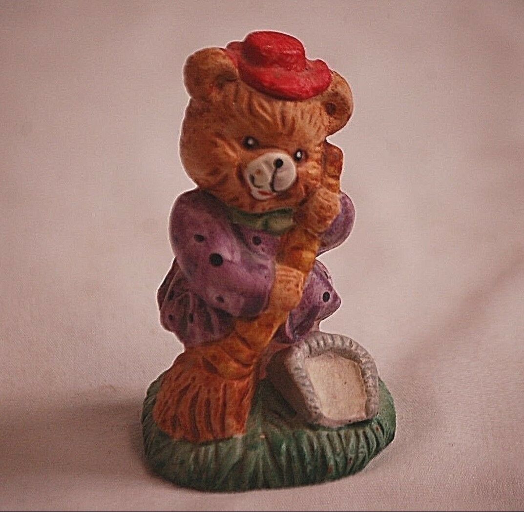 Whimsical Mini Ms. Brown Bear Sweeping w Broom Bisque Figurine Shadow Bo... - $6.92