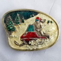 Vintage Belt Buckle 1977 Snowmobile Riding On Snow Colorized USA Made Bergamot - £24.97 GBP